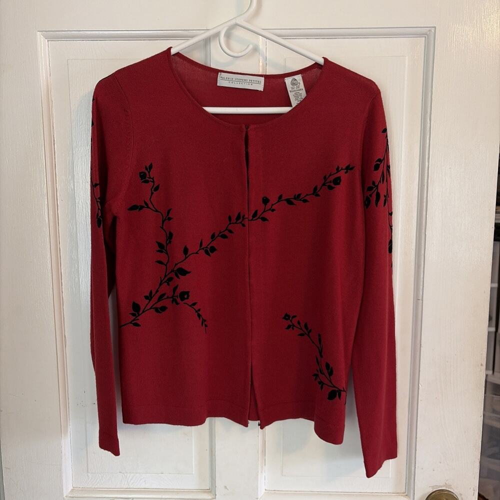 Vintage Women's Valerie Stevens Red Floral Merino Wool Cardigan PM Embroidered